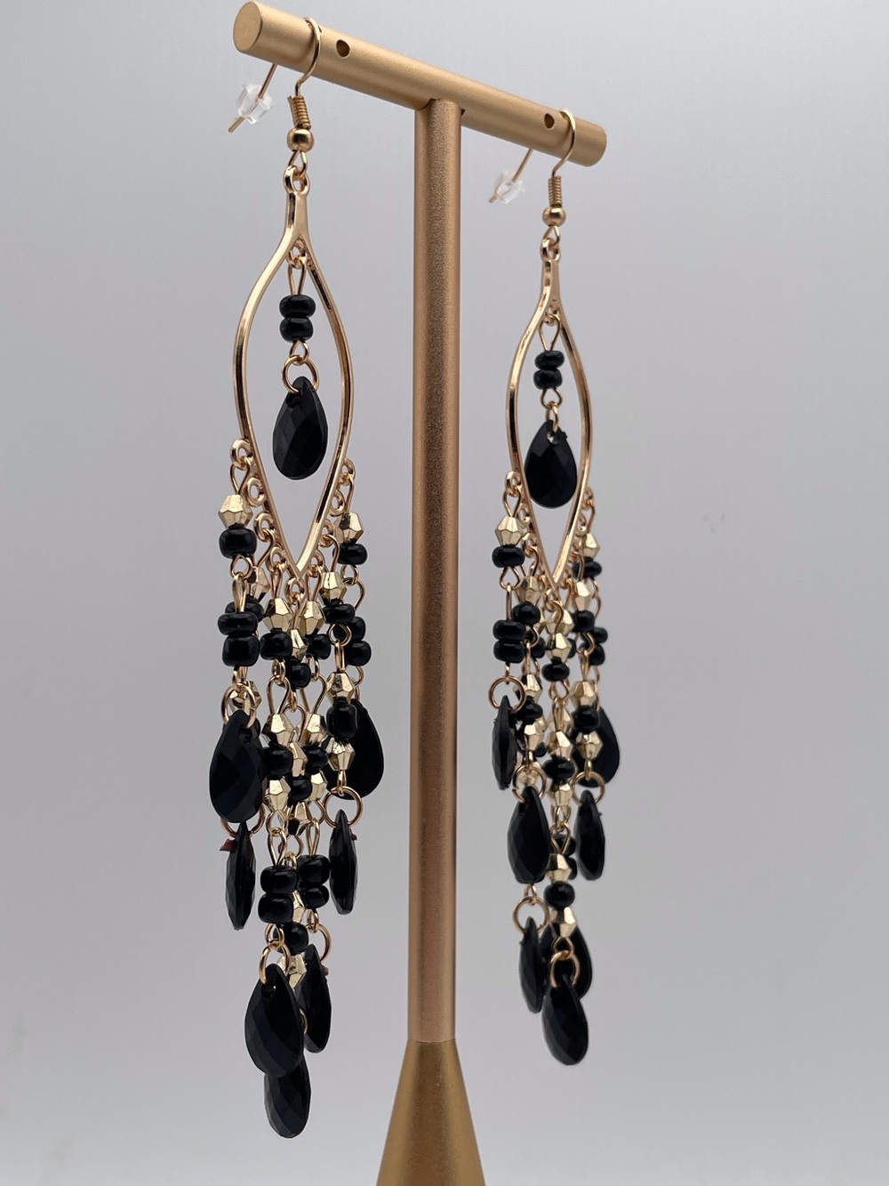 Gold and Black Teardrop Chandelier Earrings - Picture 7 of 12